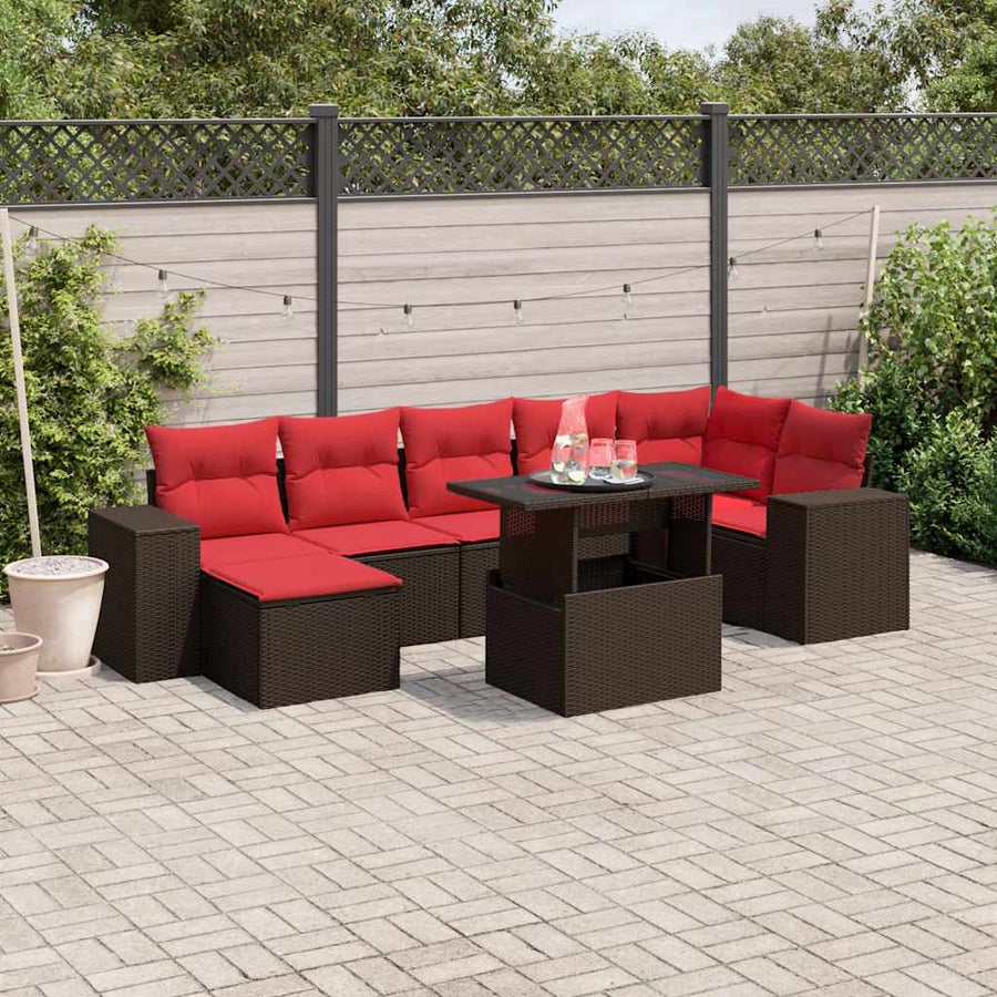 8-delige tuinbankset met kussens, bruin polyrotan