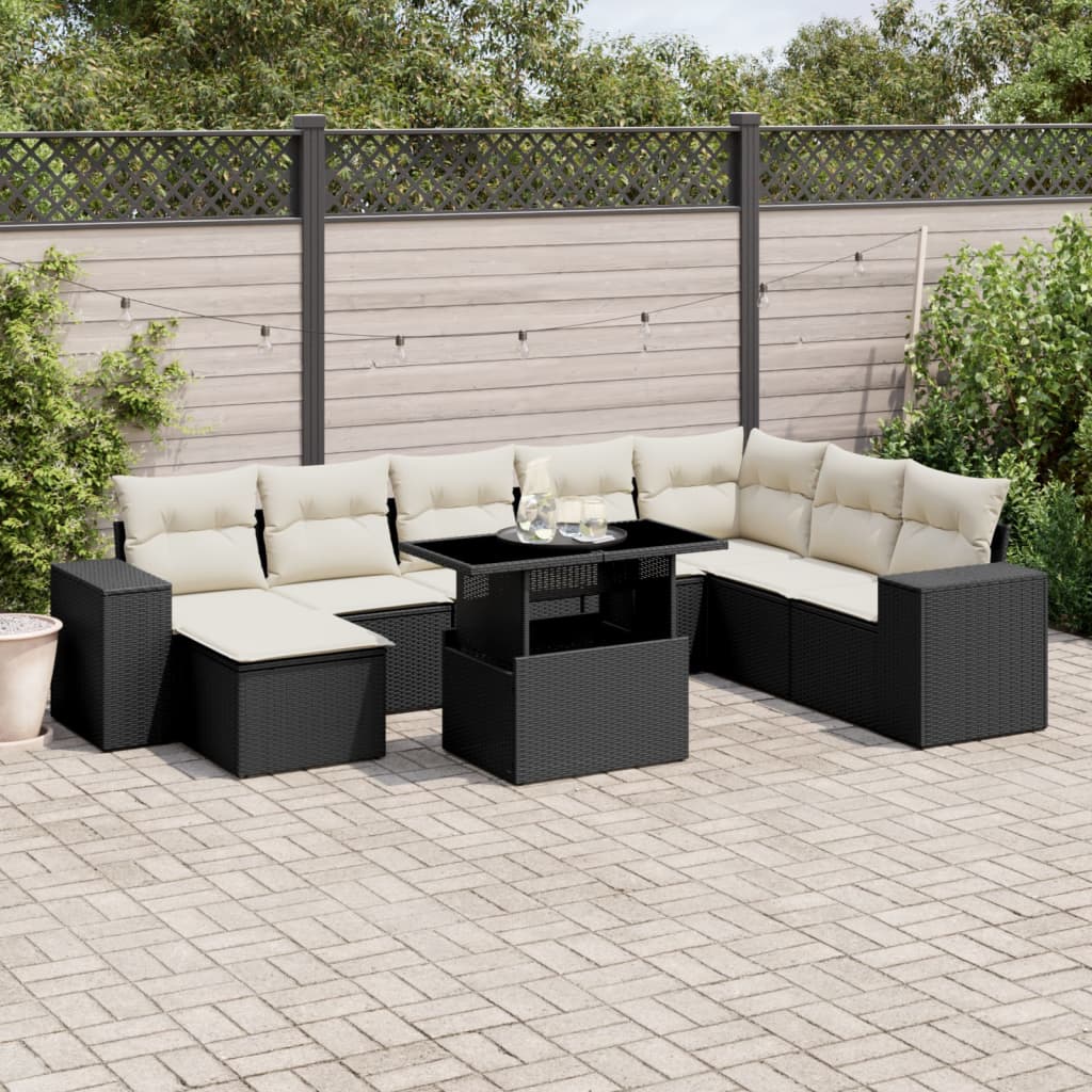 9-delige Loungeset met kussens poly rattan zwart