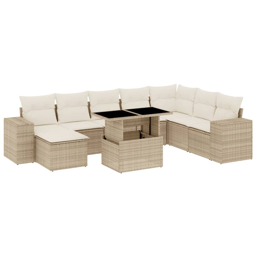 9-delige Loungeset met kussens poly rattan beige