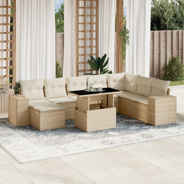 9-delige Loungeset met kussens poly rattan beige