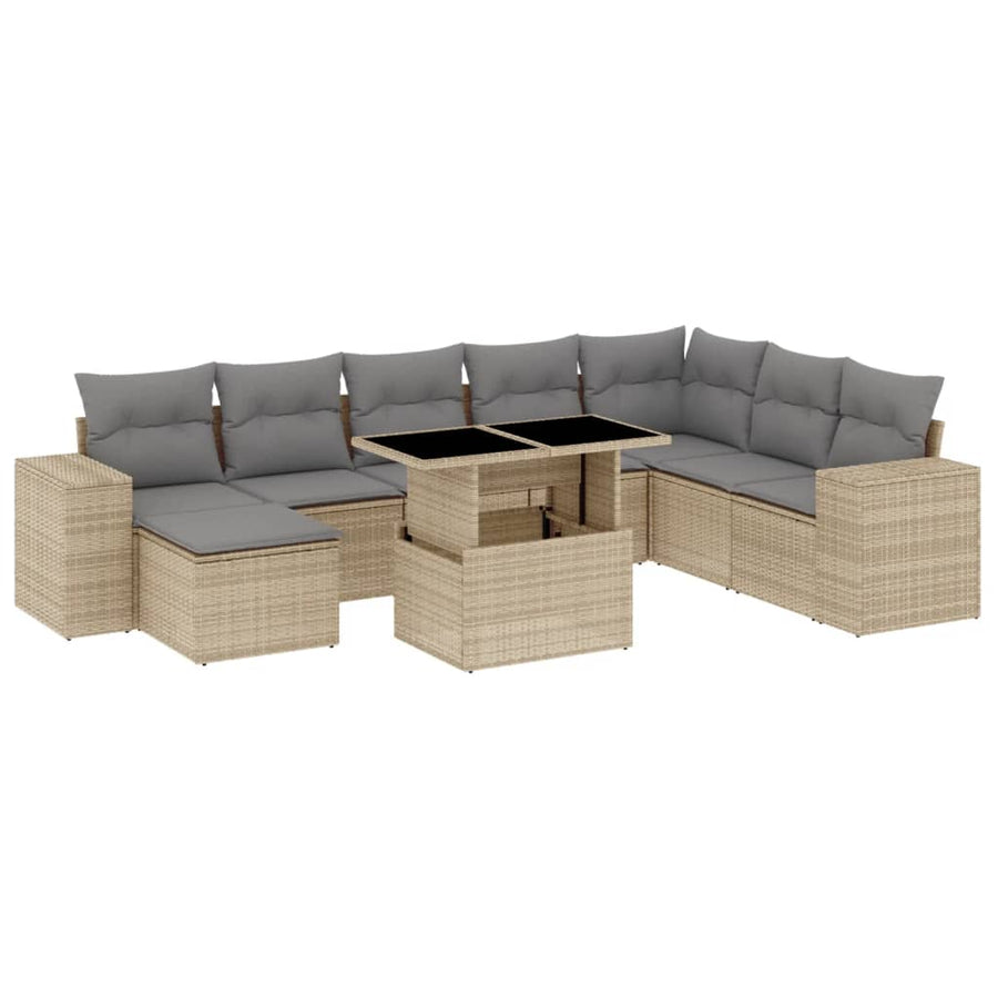 9-delige Loungeset met kussens poly rattan beige