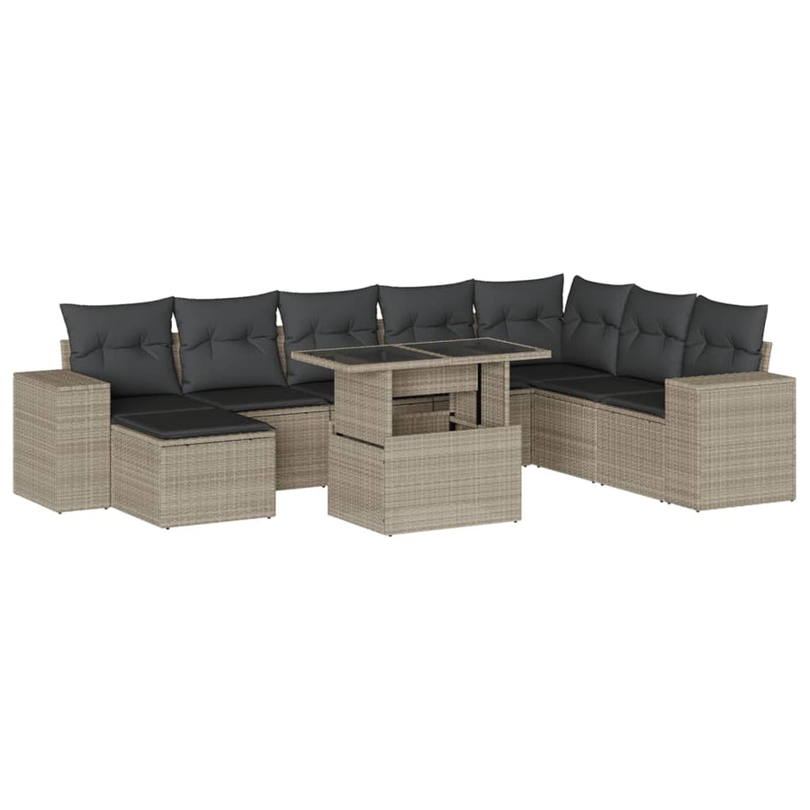 9-delige Loungeset met kussens poly rattan lichtgrijs