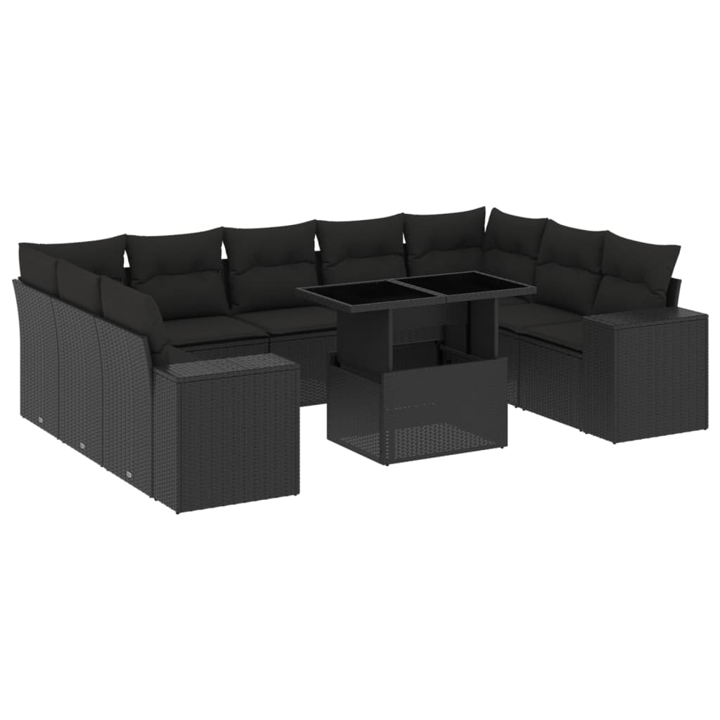 10-delige Loungeset met kussens poly rattan zwart