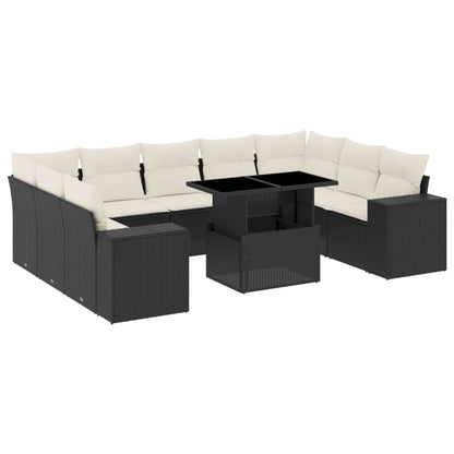 10-delige Loungeset met kussens poly rattan zwart