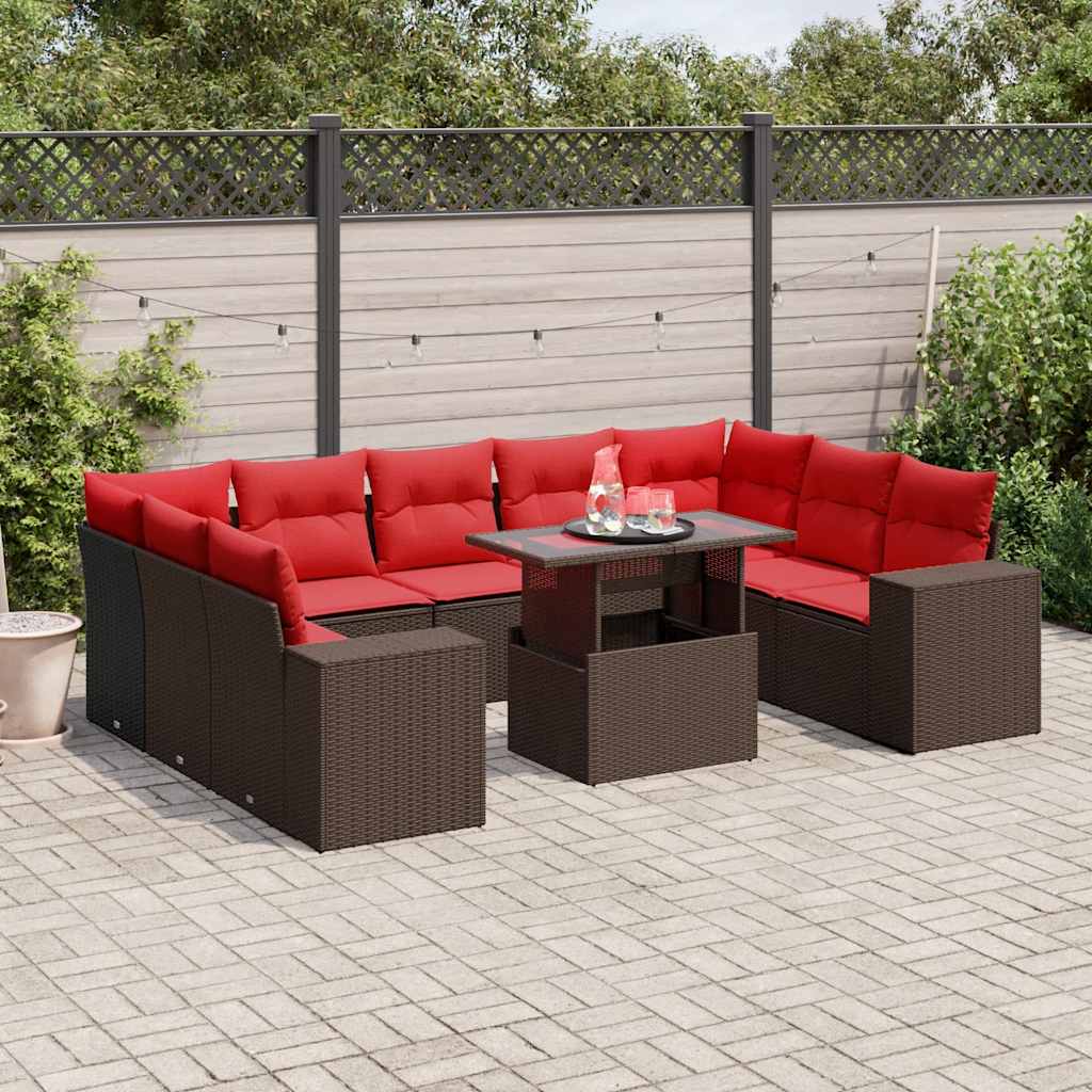 10-delige tuinbankset met kussens, bruin polyrotan
