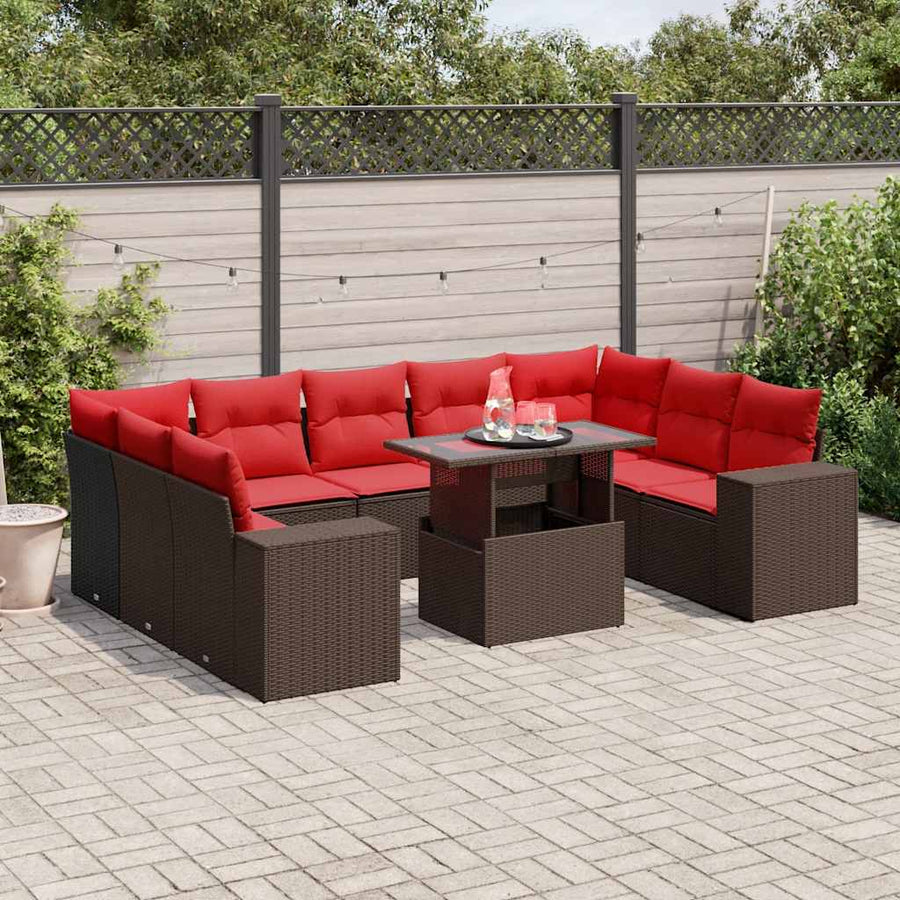 10-delige tuinbankset met kussens, bruin polyrotan