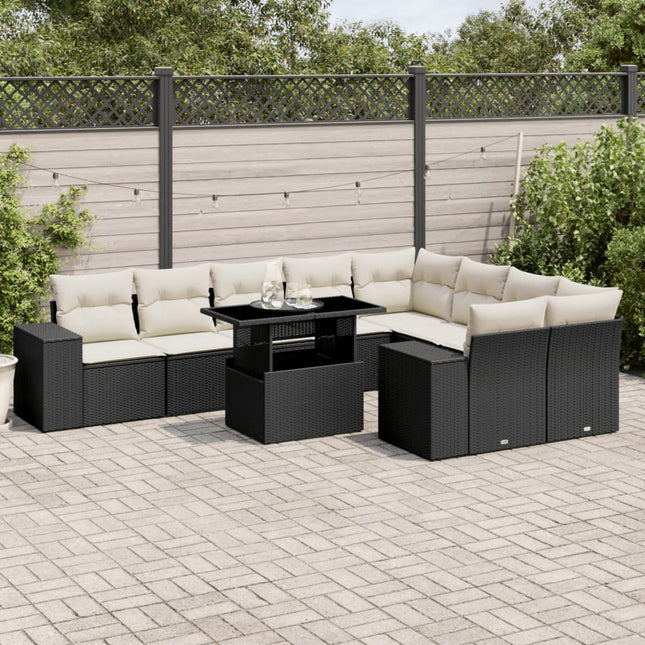 10-delige Loungeset met kussens poly rattan zwart