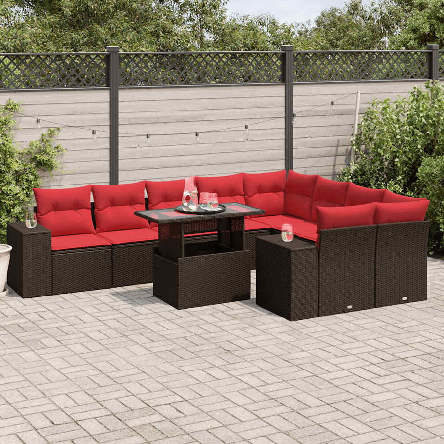10-delige tuinbankset met kussens, bruin polyrotan