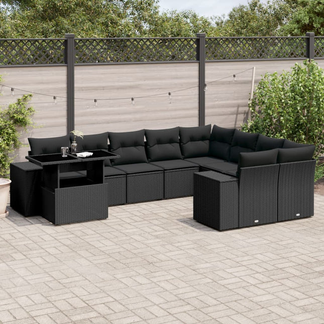 10-delige Loungeset met kussens poly rattan zwart