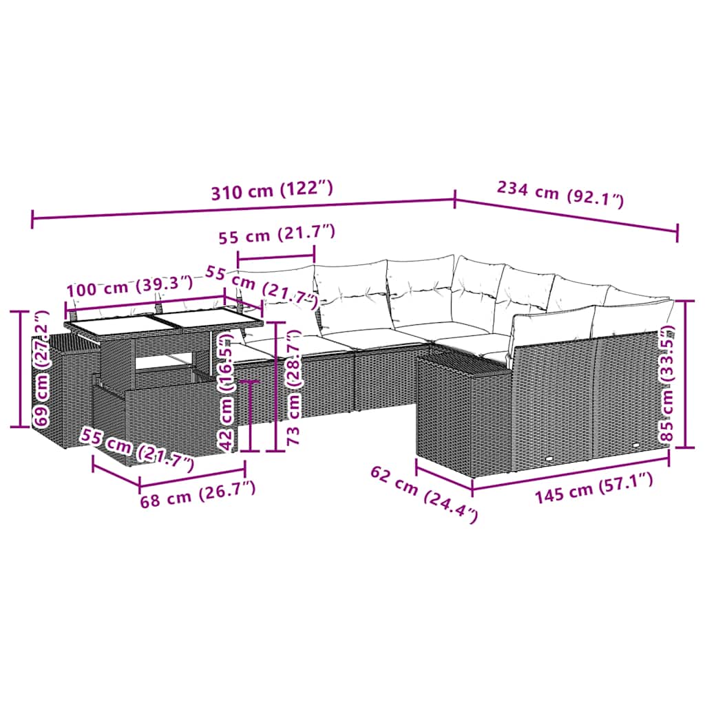 10-delige tuinbankset met kussens, grijs polyrotan