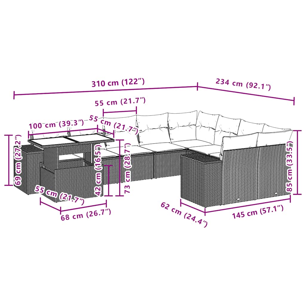 10-delige tuinbankset met kussens, bruin polyrotan