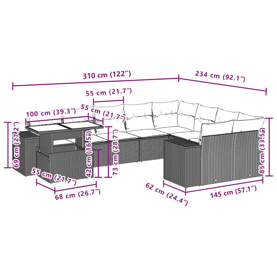 10-delige tuinbankset met kussens, bruin polyrotan