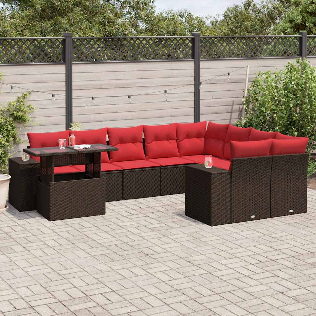10-delige tuinbankset met kussens, bruin polyrotan
