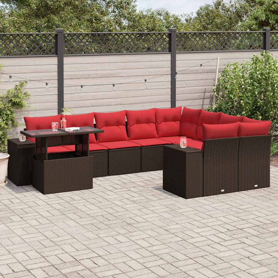 10-delige tuinbankset met kussens, bruin polyrotan