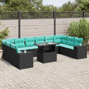 11-piece garden sofa set with cushions, black poly rattan