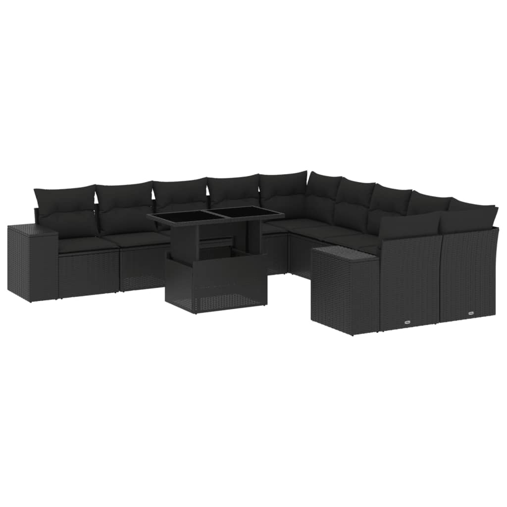 11-delige Loungeset met kussens poly rattan zwart