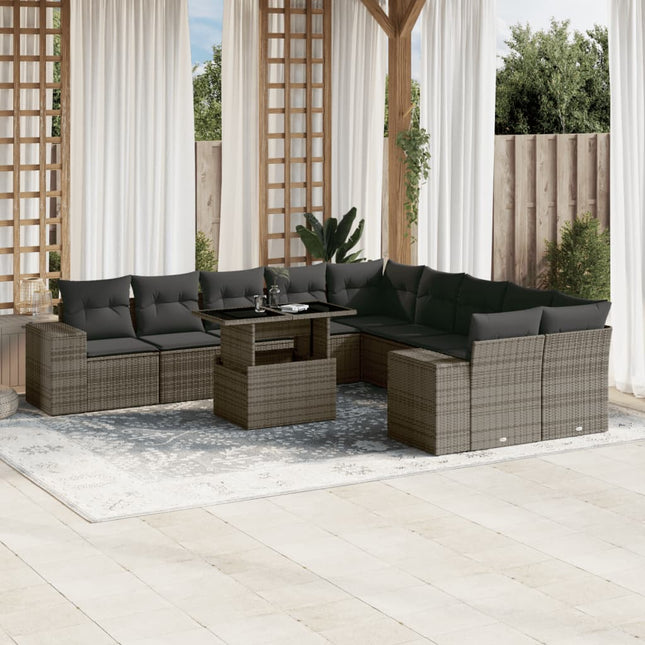 11-delige Loungeset met kussens poly rattan grijs