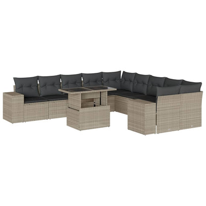 11-delige Loungeset met kussens poly rattan lichtgrijs