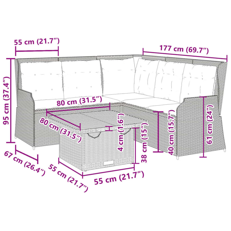4-Delige Loungeset Met Kussens Poly Rattan 1 Zwart en crème