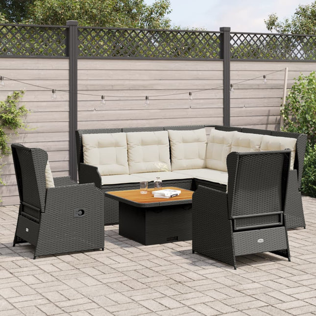 5-delige Loungeset met kussens poly rattan zwart