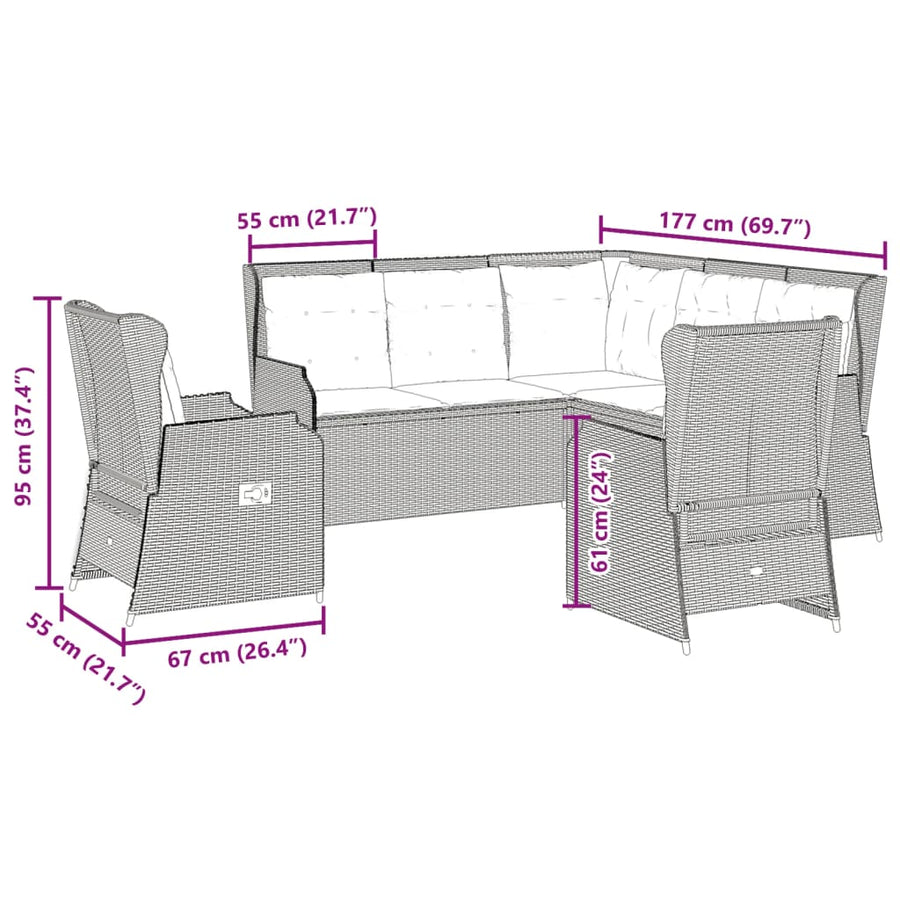 5-delige Loungeset met kussens poly rattan grijs