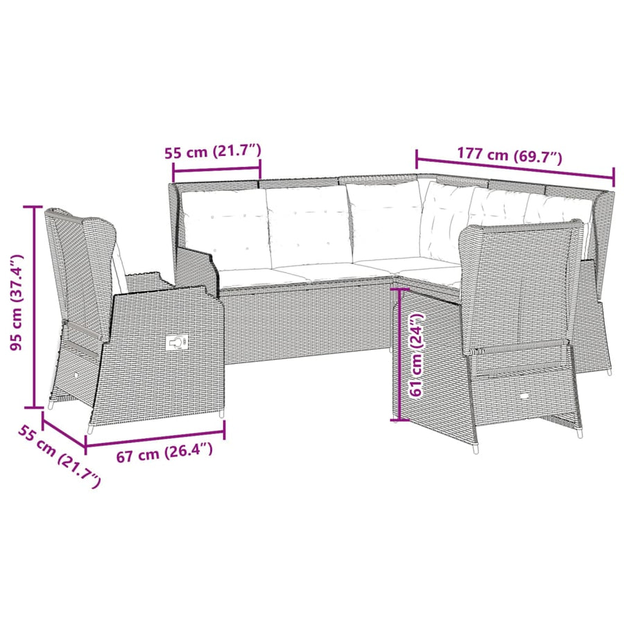 5-delige Loungeset met kussens poly rattan lichtgrijs