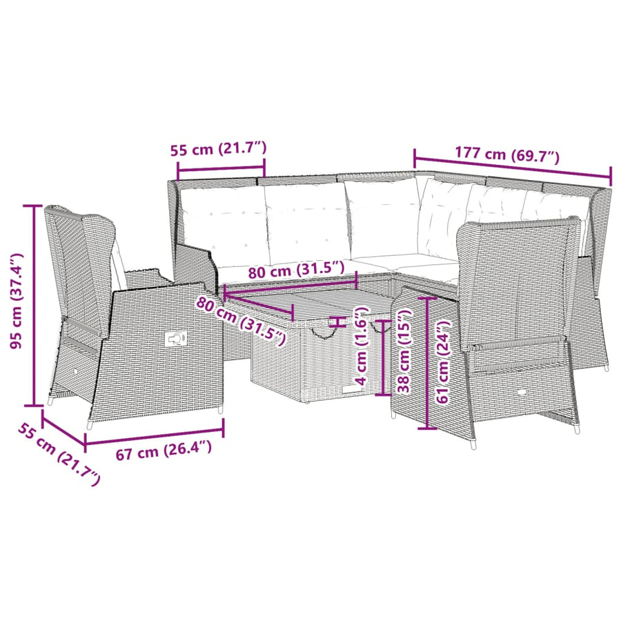 6-delige Loungeset met kussens poly rattan zwart