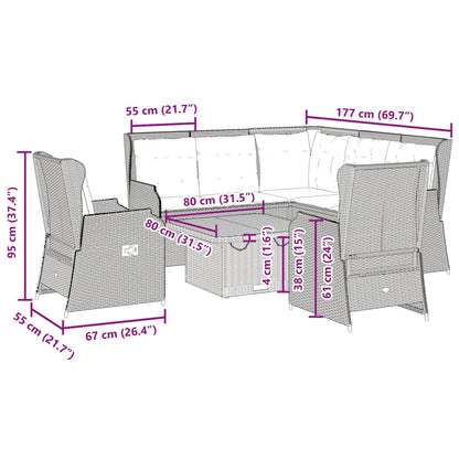 6-delige Loungeset met kussens poly rattan grijs