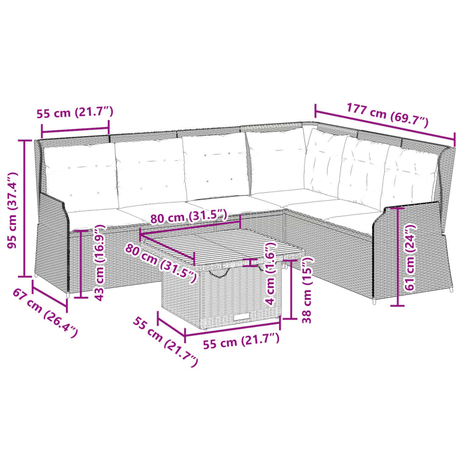 5-Delige Loungeset Met Kussens Poly Rattan 1 Zwart en crème