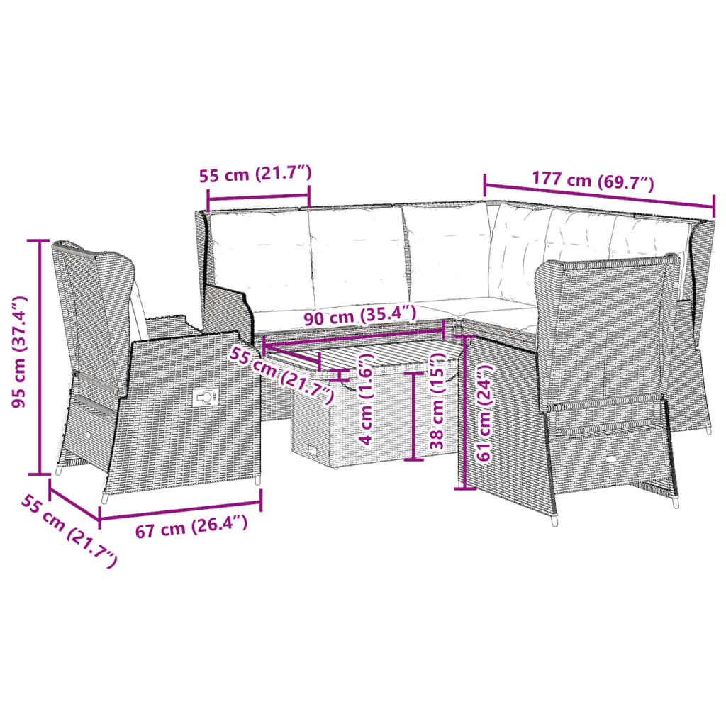 6-delige Loungeset met kussens poly rattan zwart