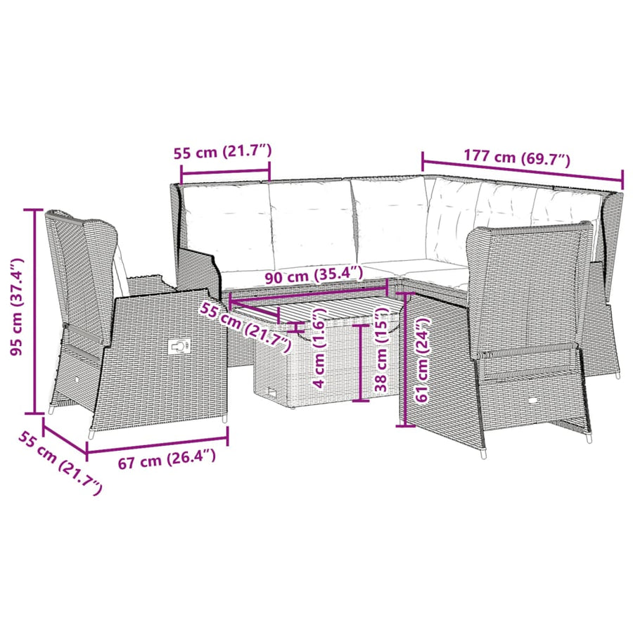 6-delige Loungeset met kussens poly rattan grijs