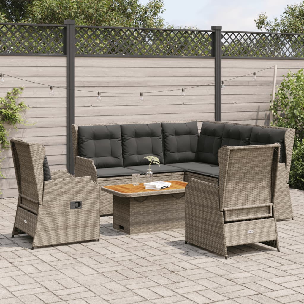 6-delige Loungeset met kussens poly rattan grijs