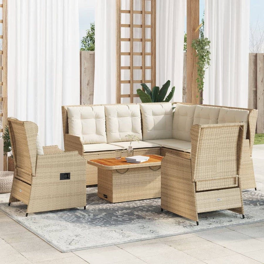 6-delige Loungeset met kussens poly rattan beige