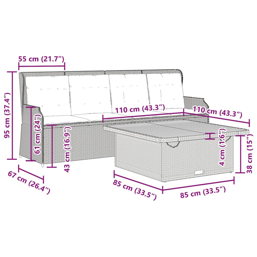 3-Delige Loungeset Met Kussens Poly Rattan Beige en grijs