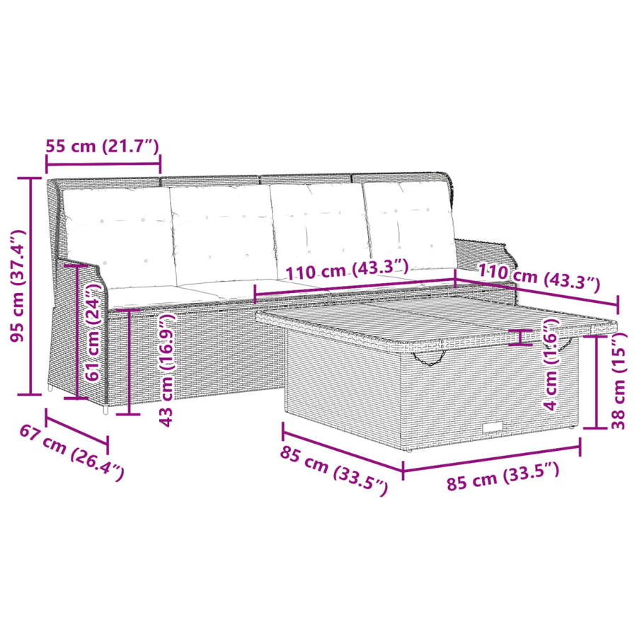 3-Delige Loungeset Met Kussens Poly Rattan beige en crèmekleurig