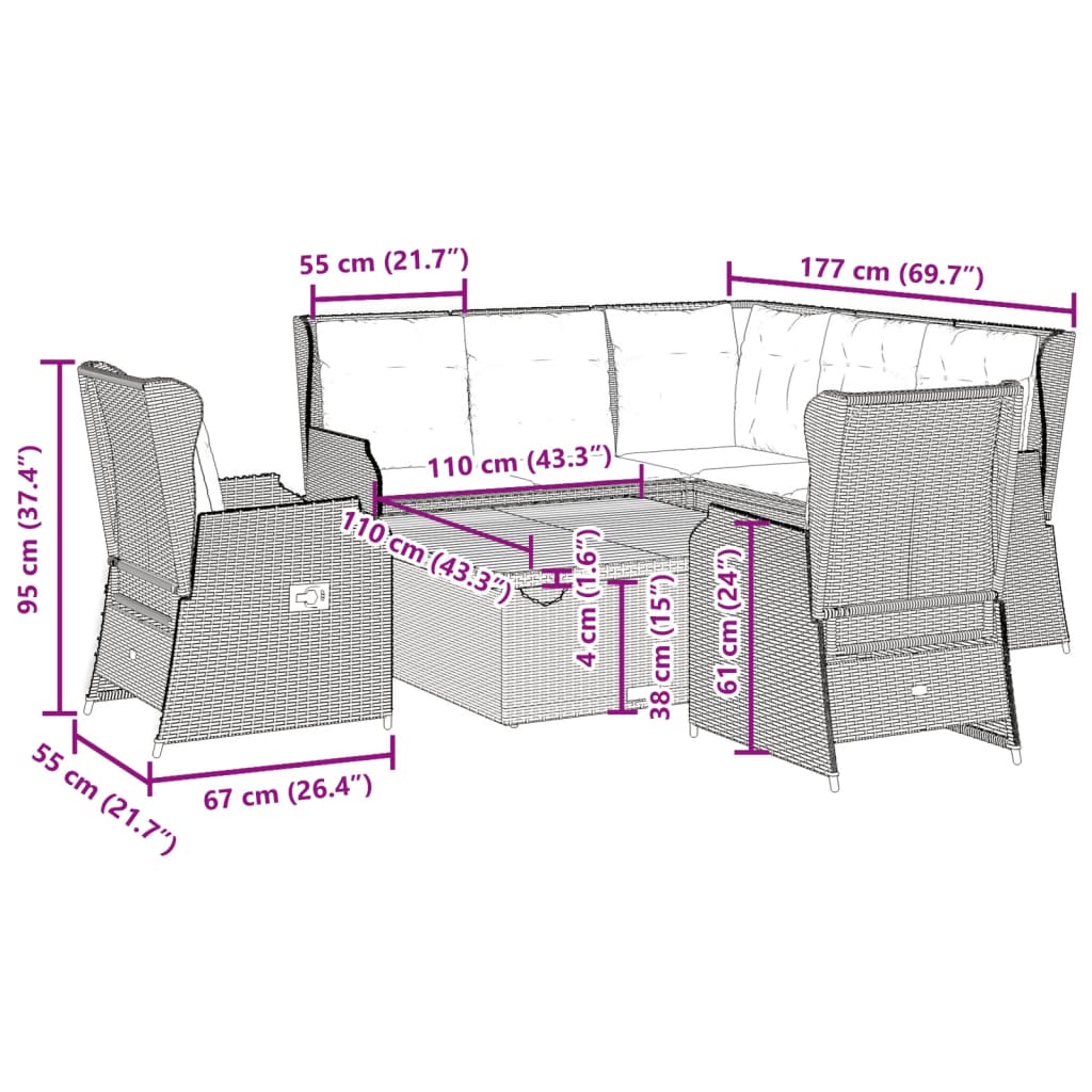6-delige Loungeset met kussens poly rattan beige