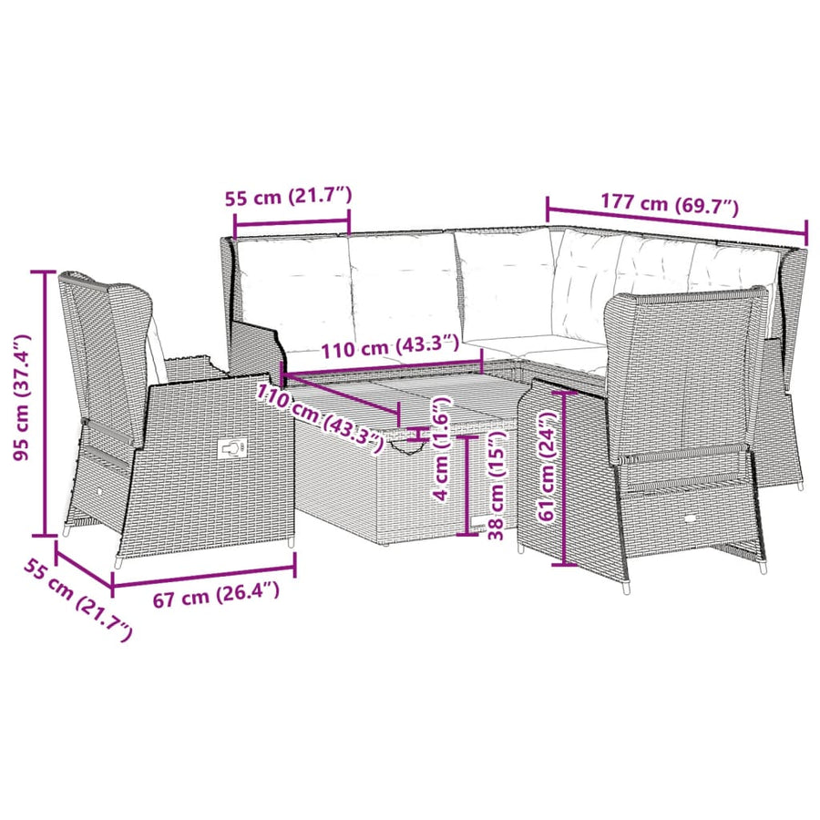 6-delige Loungeset met kussens poly rattan beige