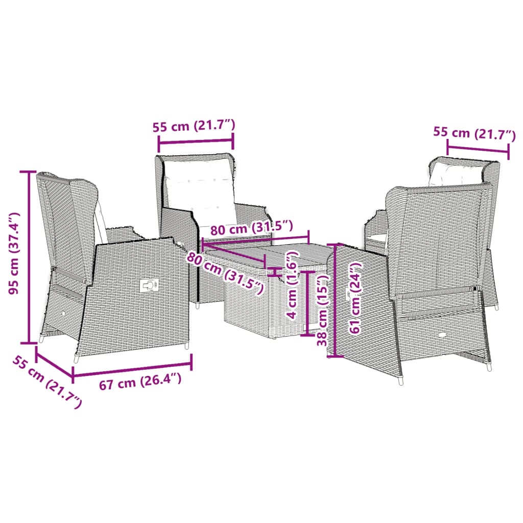 5-delige Loungeset met kussens poly rattan grijs