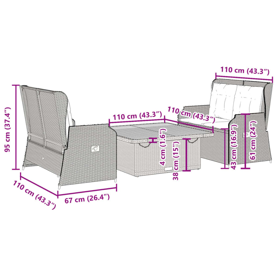 3-Delige Loungeset Met Kussens Poly Rattan 110 x 110 x 40/71 cm Grijs