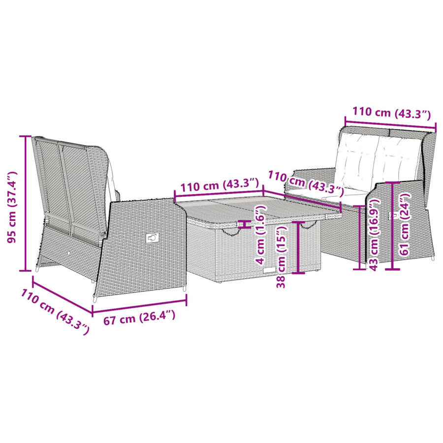 3-Delige Loungeset Met Kussens Poly Rattan 110 x 110 x 40/71 cm Beige en grijs