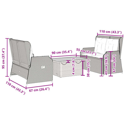 3-Delige Loungeset Met Kussens Poly Rattan 90 x 55 x 40/71 cm Grijs