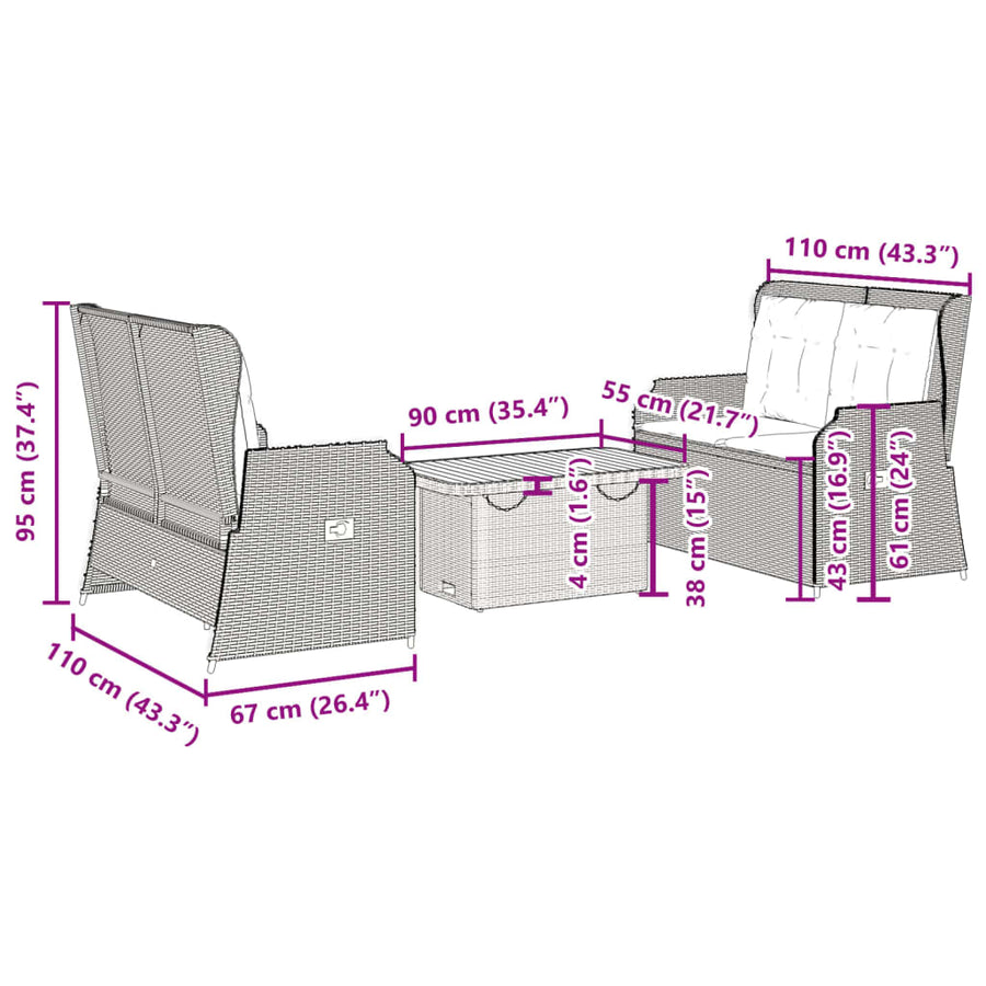 3-Delige Loungeset Met Kussens Poly Rattan 90 x 55 x 40/71 cm Grijs