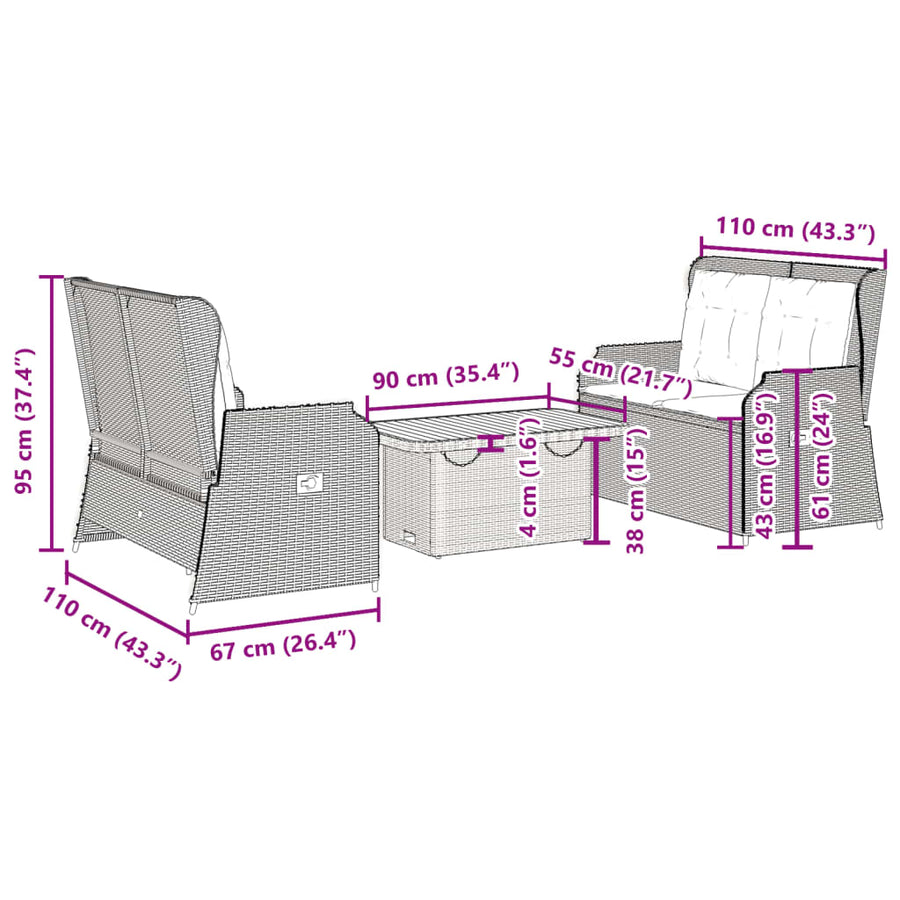 3-Delige Loungeset Met Kussens Poly Rattan 90 x 55 x 40/71 cm beige en crèmekleurig