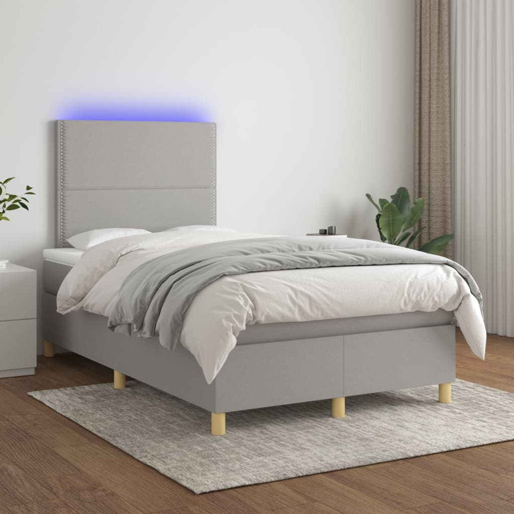 Boxspring met matras en LED stof lichtgrijs 120x190 cm 120 x 190 cm Effen met spijkers
