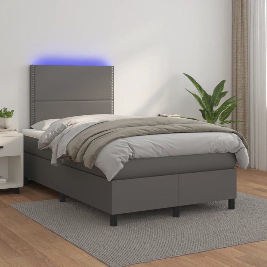 Boxspring met matras en LED kunstleer grijs 120x190 cm 120 x 190 cm Effen met spijkers