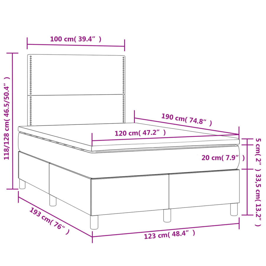 Boxspring met matras en LED kunstleer grijs 120x190 cm 120 x 190 cm Effen met spijkers