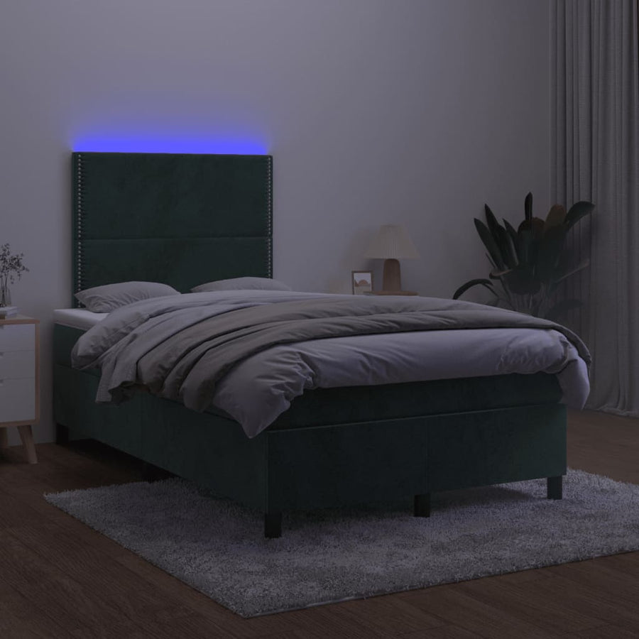 Boxspring met matras en LED fluweel donkergroen 120x190 cm 120 x 190 cm Effen met spijkers