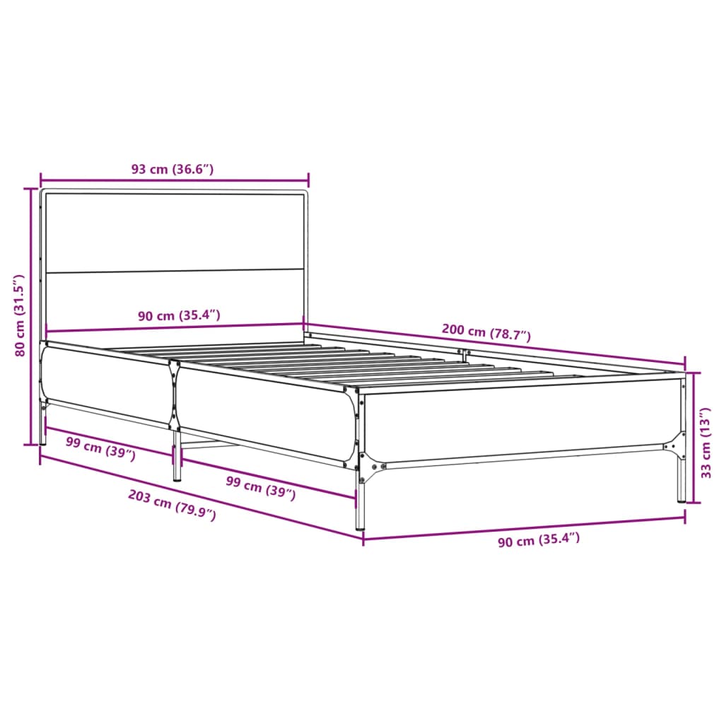 Bedframe bewerkt hout en metaal zwart 90x200 cm