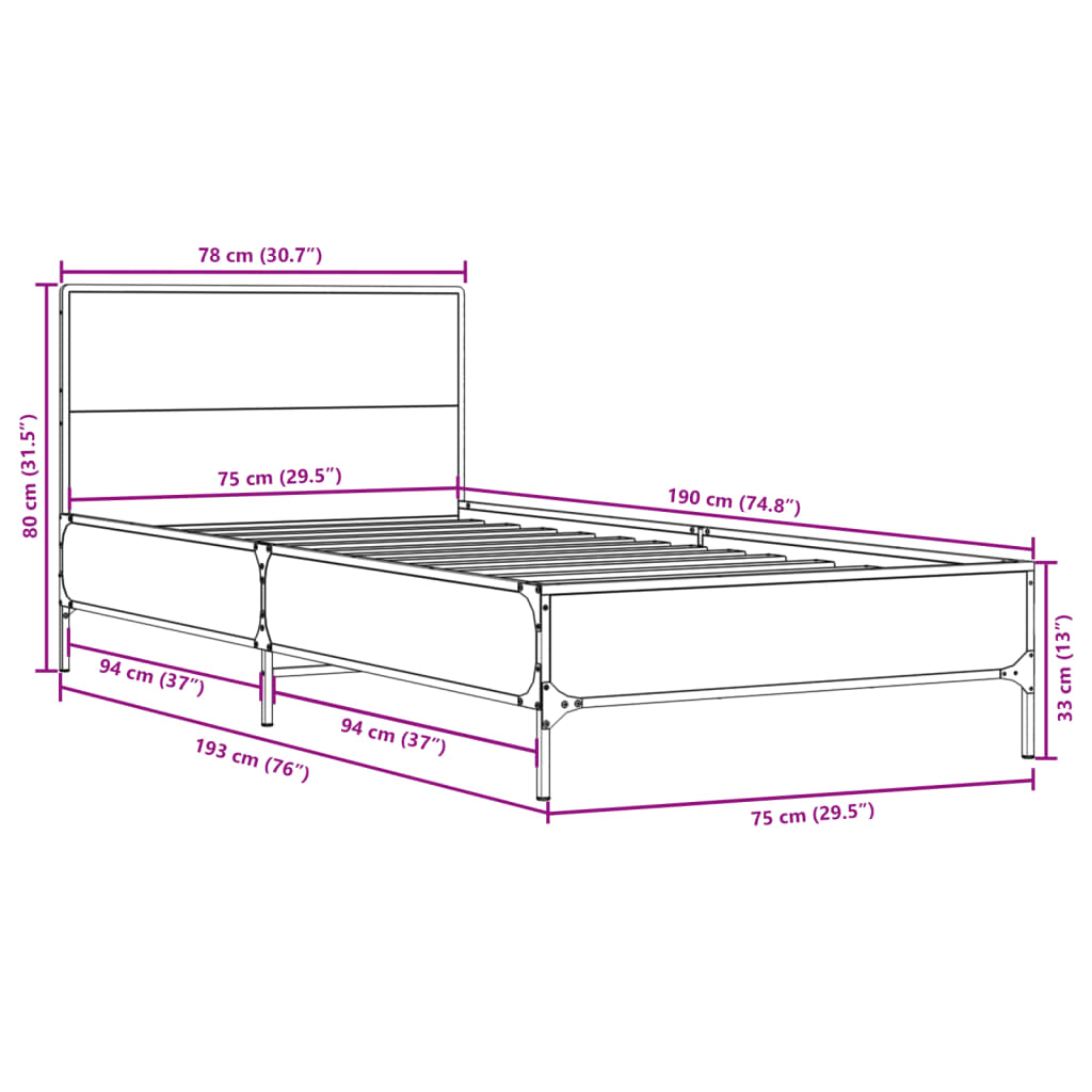 Bedframe bewerkt hout en metaal zwart 75x190 cm