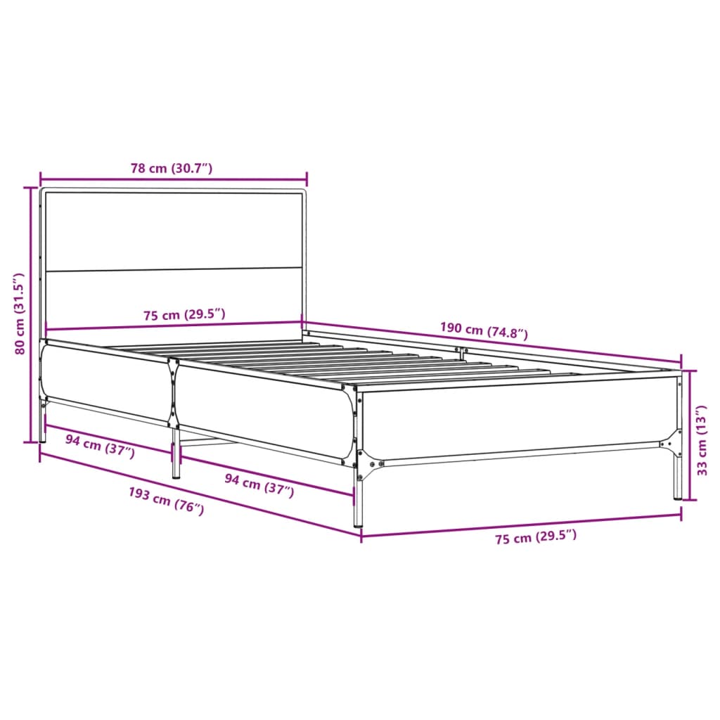 Bedframe bewerkt hout en metaal sonoma eikenkleurig 75x190 cm